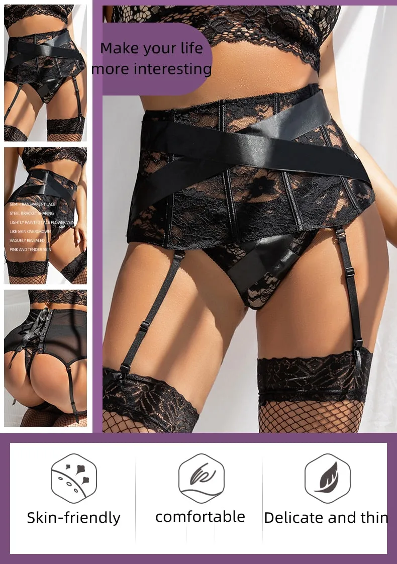 Women's Floral Lace Adjustable Waist Suspender Belt Garter Lingerie Set