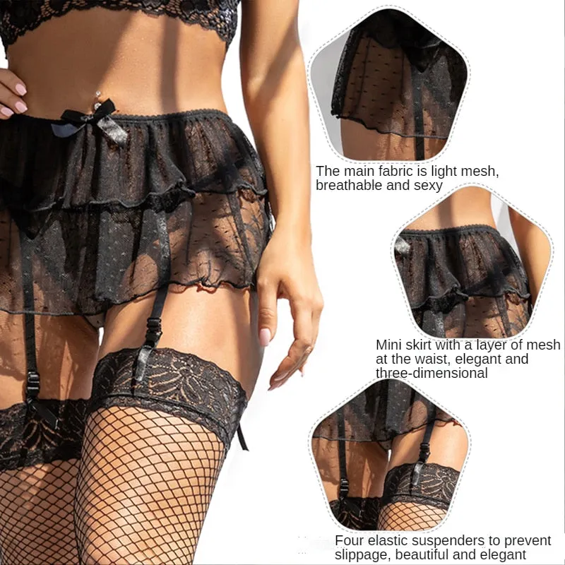 Women's Sexy Black Lace Mini Skirt Garter Belt Suspender Lingerie