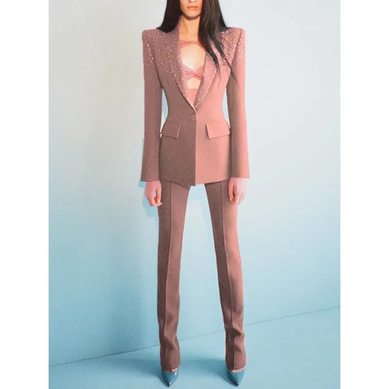 Women's Solid Mid-Waist Non-Strechy Single Button Blazer Pants Two-Piece Suit